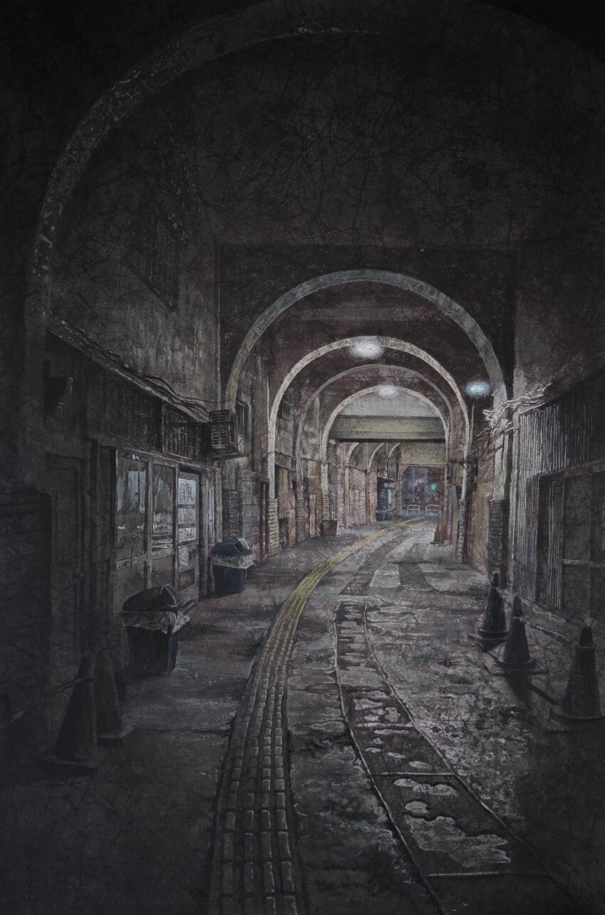 absurdres air_conditioner brick_wall cable ceiling corrugated_galvanized_iron_sheet glass_door highres indoors interior no_humans original scenery shadow shop tactile_paving tanamachi_yoshihiro traffic_cone trash_can tunnel