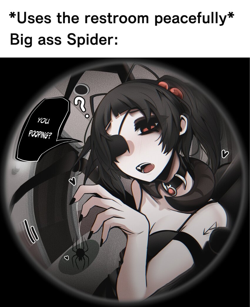 1girl ? absurdres armband arthropod_girl bare_shoulders black_armband black_bra black_choker black_hair black_nails bra breasts bug caption choker cleavage collarbone commentary door english_commentary english_text eyepatch fang fisheye hair_ornament hand_up heart highres indoors insect_girl light_blush looking_at_viewer medium_hair mikuneki one_eye_covered open_mouth original red_eyes silk solo speech_bubble spider spider_girl spider_web teeth two_side_up underwear