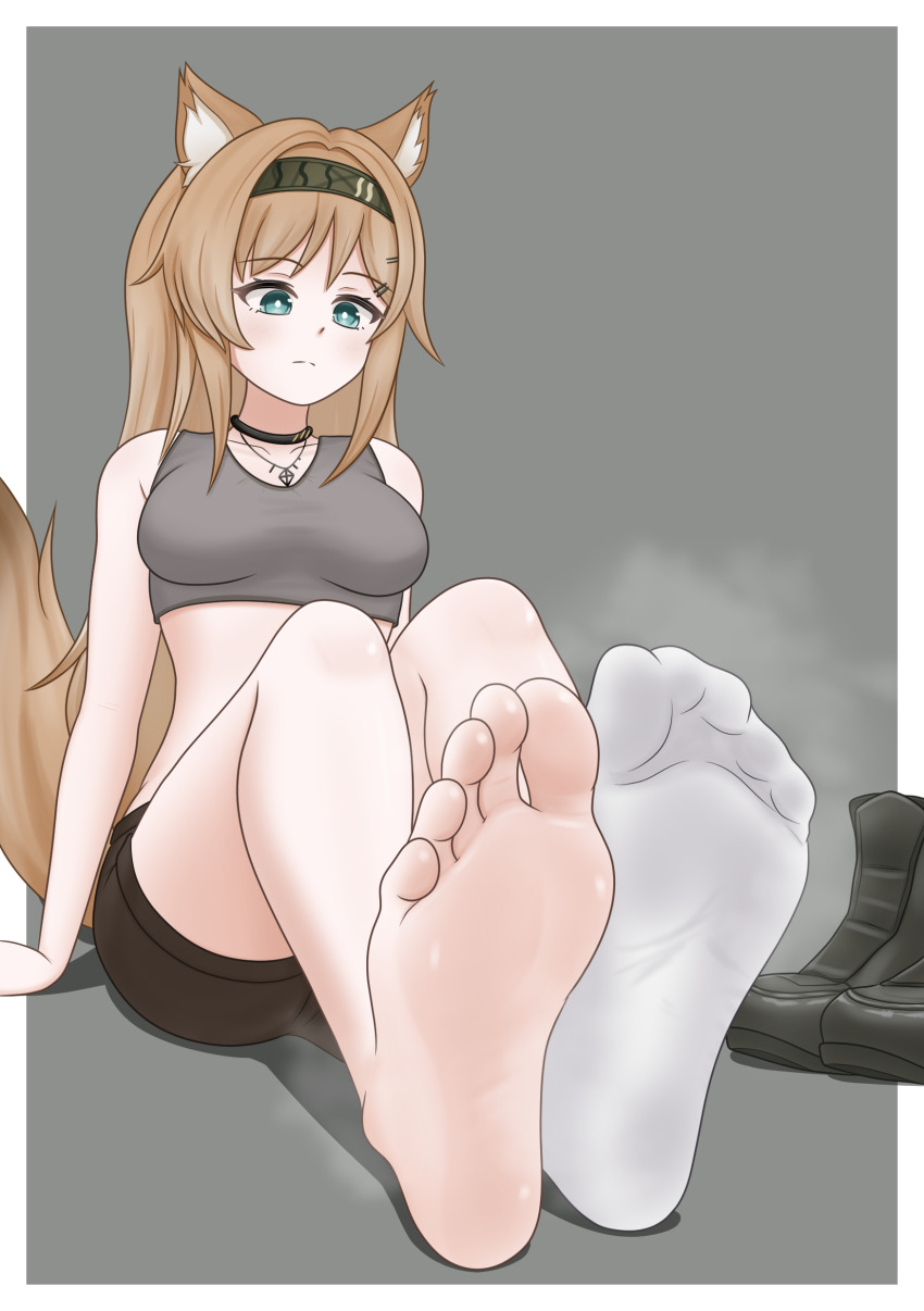 1girl animal_ears arknights barefoot blue_eyes boots brown_hair feet flickmann_ss hairband highres horn_(arknights) light_blush long_hair shoes shorts single_sock socks soles steam tail toes unworn_boots unworn_shoes white_socks