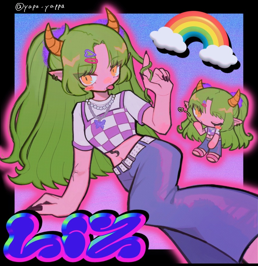 1girl belt black_border blue_pants border butterfly_necklace chain chain_necklace checkered_clothes chibi chibi_inset cloud commission crop_top green_hair hair_ornament highres horns jewelry long_hair midriff navel necklace original pants pearl_necklace pointy_ears rainbow solo tongue tongue_out twintails twirling_hair y2k_fashion yappari