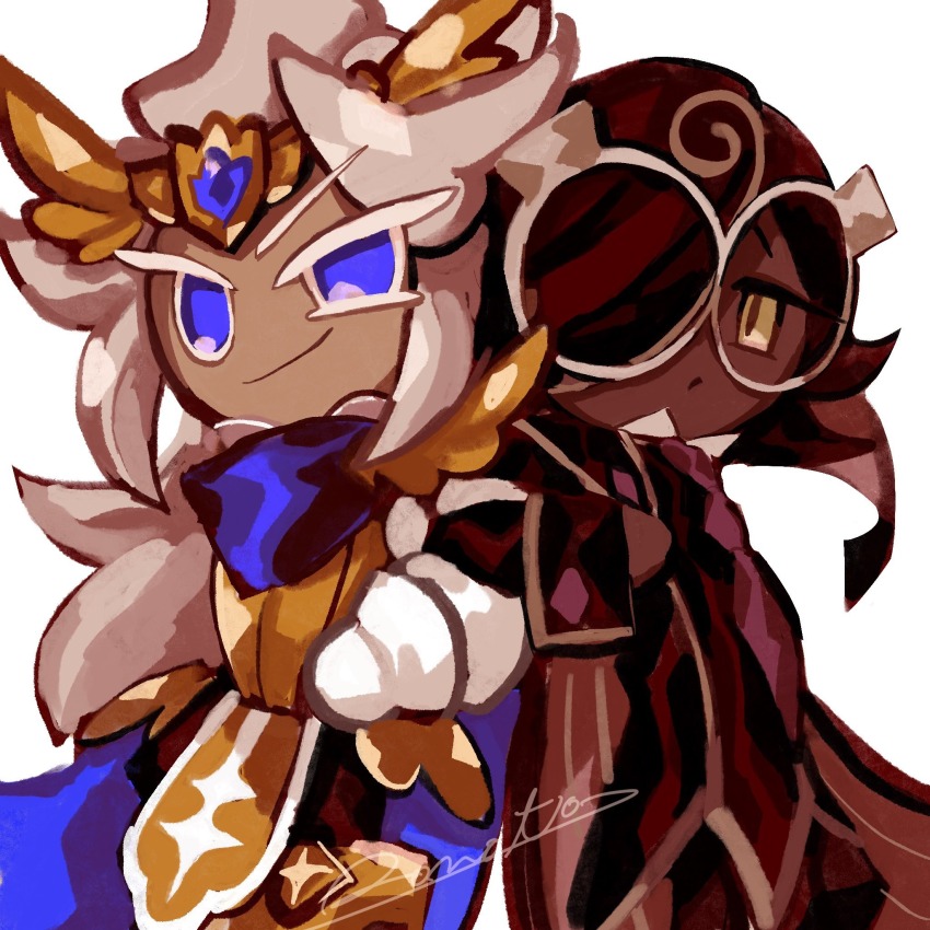 2boys armored_boots artist_name back-to-back blonde_hair blue_cape blue_eyes boots brown_hair brown_jacket brown_pants cape chest_armor closed_mouth cookie_run cookie_run:_kingdom dark-skinned_male dark_skin espresso_cookie flipped_hair glasses gloves hair_over_one_eye highres jacket long_hair long_sleeves looking_at_viewer madeleine_cookie male_focus multiple_boys necktie no_pupils pants pink_necktie rn9j round_eyewear shirt short_hair simple_background slit_pupils smile uneven_eyes white-framed_eyewear white_background white_gloves white_shirt