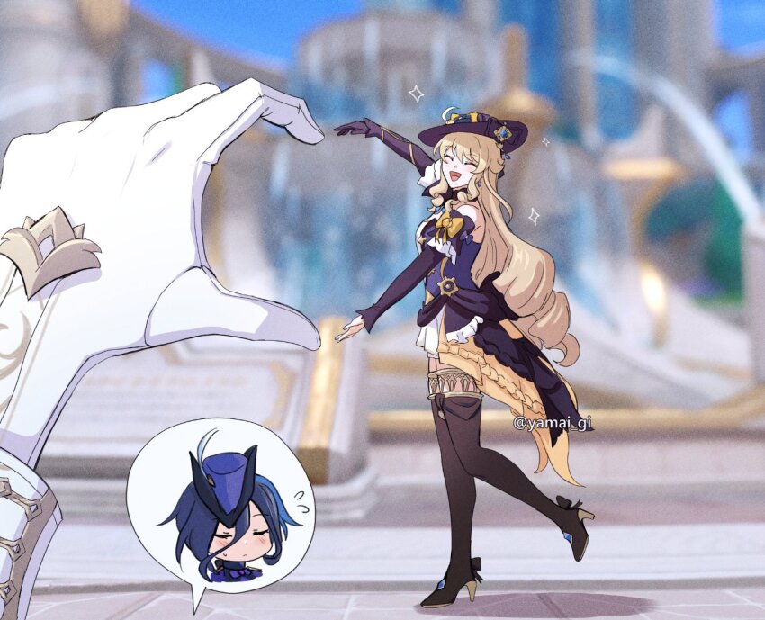 2girls :d artist_name black_boots black_dress black_gloves black_hat blonde_hair blue_hair blurry blurry_background blush boots bow building clorinde_(genshin_impact) closed_eyes closed_mouth commentary day detached_collar detached_sleeves dress drill_hair drill_sidelocks flying_sweatdrops forced_perspective fountain frilled_dress frilled_sleeves frills genshin_impact gloves hair_between_eyes hat hat_feather heart heart_arms heart_hands high-low_dress high_heel_boots high_heels kaiyamon leg_up long_hair long_sleeves multicolored_hair multiple_girls navia_(genshin_impact) open_mouth outdoors pov pov_hands purple_hair purple_hat shadow short_sleeves sidelocks single_glove smile sparkle speech_bubble spoken_character standing standing_on_one_leg strapless strapless_dress streaked_hair symbol-only_commentary thigh_boots tricorne twitter_username very_long_hair white_gloves yellow_bow yellow_dress