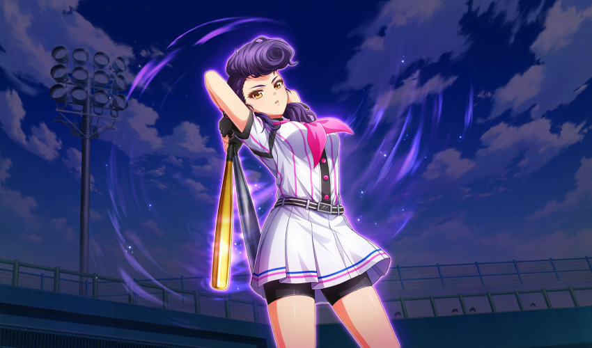 1girl aura baseball_bat baseball_stadium baseball_uniform belt belt_buckle bike_shorts_under_skirt black_belt black_gloves black_shorts black_undershirt buckle cinderella_series cloud cowboy_shot dutch_angle fingerless_gloves from_below game_cg gloves hachigatsu_no_cinderella_nine highres holding holding_baseball_bat izumida_kyouka light_particles long_hair looking_at_viewer looking_down low_twintails metal_baseball_bat neckerchief non-web_source official_art orange_eyes outdoors parted_lips pink_neckerchief pleated_skirt pompadour purple_hair satogahama_baseball_uniform shirt shirt_under_shirt short_sleeves shorts skirt sky sportswear standing striped_belt striped_clothes striped_shirt twintails vertical-striped_clothes vertical-striped_shirt wristband