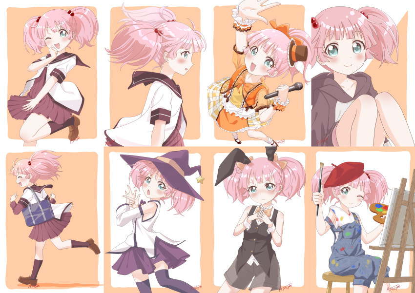 1girl :d :s ;) ;d absurdres ahoge animal_ears aqua_eyes art_brush bag bare_arms bare_shoulders beret black_socks black_vest blue_overalls blunt_bangs blush border bow bowtie brown_hoodie brown_sailor_collar brown_shoes brown_socks buttons canvas_(object) clenched_hand closed_eyes closed_mouth collarbone collared_shirt commentary_request compilation cosplay d: detached_sleeves dress easel embarrassed fake_animal_ears feet_out_of_frame frills from_side full_body grey_shorts hair_bobbles hair_bow hair_ornament hand_up hat highres holding holding_microphone holding_paint_palette holding_paintbrush hood hoodie horns idol_clothes knees knees_up layered_sleeves leg_up light_blush loafers long_sleeves looking_at_viewer machiyama_akane microphone mini_hat mirakurun mirakurun_(cosplay) multiple_girls nanamori_school_uniform nontraditional_playboy_bunny one_eye_closed open_mouth orange_background orange_border orange_bow orange_bowtie outside_border overalls own_hands_clasped own_hands_together paint paint_palette paint_stains paintbrush painting_(action) painting_(object) pink_hair pleated_dress purple_skirt purple_thighhighs rabbit_ears red_dress red_hat running sailor_collar sailor_shirt school_bag school_uniform shadow shirt shoes short_dress short_hair short_over_long_sleeves short_sleeves shorts signature simple_background single_horn sitting skirt sleeveless sleeveless_shirt smile socks solo standing star_(symbol) stool t-shirt thighhighs top_hat tsuki_ni_kawatte_oshioki_yo twintails vest wand white_background white_border white_shirt white_socks white_wrist_cuffs witch_hat wrist_cuffs yellow_dress yoshikawa_chinatsu yuru_yuri zettai_ryouiki