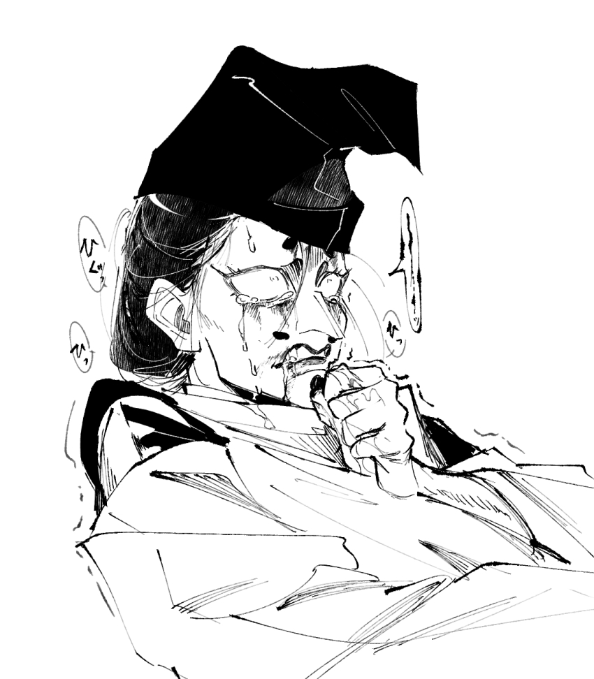 1boy black_hair clenched_hand clenched_teeth crying crying_with_eyes_open eyelashes facial_hair highres kiyohara_shinano-no-kami kurotake_ihi long_sleeves looking_up makeup male_focus monochrome mustache nige_jouzu_no_wakagimi saliva simple_background tears teeth upper_body white_background