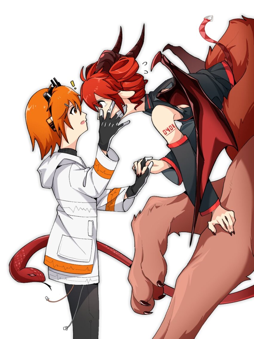 2girls a.i._voice adachi_rei animal_ears bare_shoulders black_shirt black_sleeves cable chimera detached_sleeves drill_hair eye_contact face-to-face from_side gloves hand_on_another&#039;s_cheek hand_on_another&#039;s_face hand_up highres holding_hands hood hood_down hooded_jacket horns interlocked_fingers jacket kasane_teto kasane_teto_(utau) long_sleeves looking_at_another monster_girl multiple_girls open_mouth orange_eyes orange_hair red_eyes red_hair shirt simple_background sleeveless sleeveless_shirt snake_tail standing tail taur tears twin_drills utau white_background white_jacket wings wings_through_clothes yi_xing_luren yuri