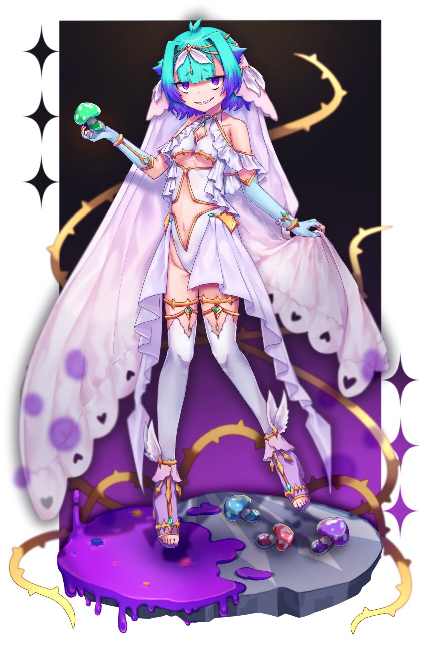 1girl absurdres alternate_costume bare_shoulders blue_gloves breasts cleavage_cutout clothing_cutout commentary_request dress elbow_gloves fate/grand_order fate_(series) fingerless_gloves gloves green_hair grin highres holding holding_mushroom kibinago_(kibinago614) locusta_(fate) looking_at_viewer multicolored_hair mushroom navel open-toe_shoes purple_eyes purple_hair purple_nails sharp_teeth short_hair showgirl_skirt small_breasts smile solo stomach_cutout teeth thighhighs tiara two-tone_hair white_dress white_thighhighs