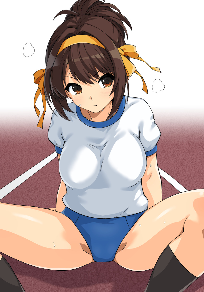 1girl absurdres black_socks blue_buruma brown_eyes brown_hair buruma closed_mouth gym_uniform hairband haruhisky highres looking_at_viewer ponytail shirt sitting socks solo spread_legs suzumiya_haruhi suzumiya_haruhi_no_yuuutsu sweat t-shirt thighs track_and_field white_shirt yellow_hairband