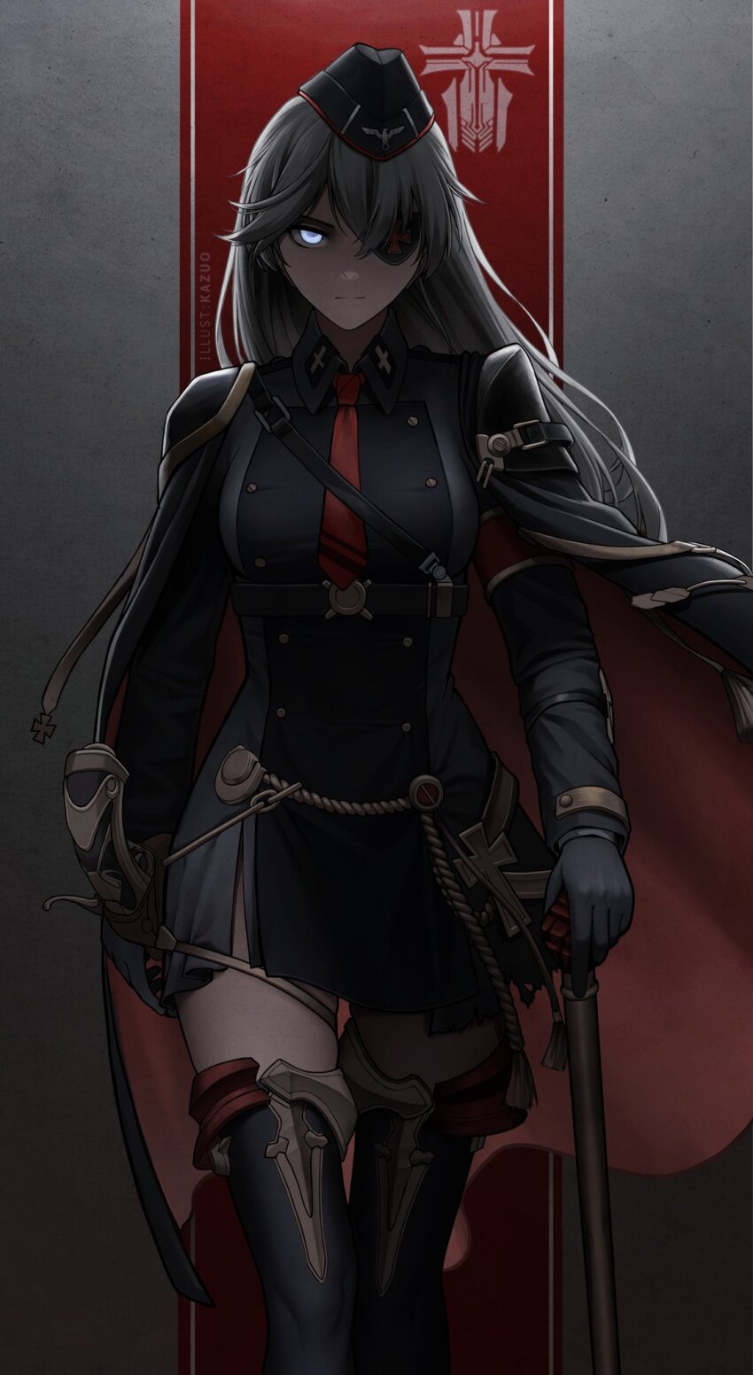 1girl artist_name azur_lane black_gloves black_hat blue_eyes buttons cape closed_mouth eyepatch gloves grey_hair hat highres iron_blood_(emblem) kazuodum long_hair long_sleeves looking_at_viewer military_uniform necktie red_cape red_necktie scharnhorst_(azur_lane) scharnhorst_(meta)_(azur_lane) solo