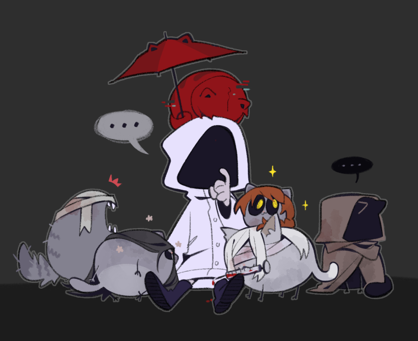... 1girl animal animal_on_head animalization bandaged_head bandages black_background black_hair boots brown_cloak cat chinese_commentary chlorenw cloak commentary_request grey_hair hand_up happy_aura heroine_(homicipher) highres hissing holding holding_syringe holding_umbrella homicipher hood hood_up long_hair mr._chopped mr._crawling mr._hood mr._machete mr._scarletella mr._silvair on_head raincoat red_umbrella sitting solo sparkle sparkling_aura spoken_ellipsis syringe umbrella white_raincoat