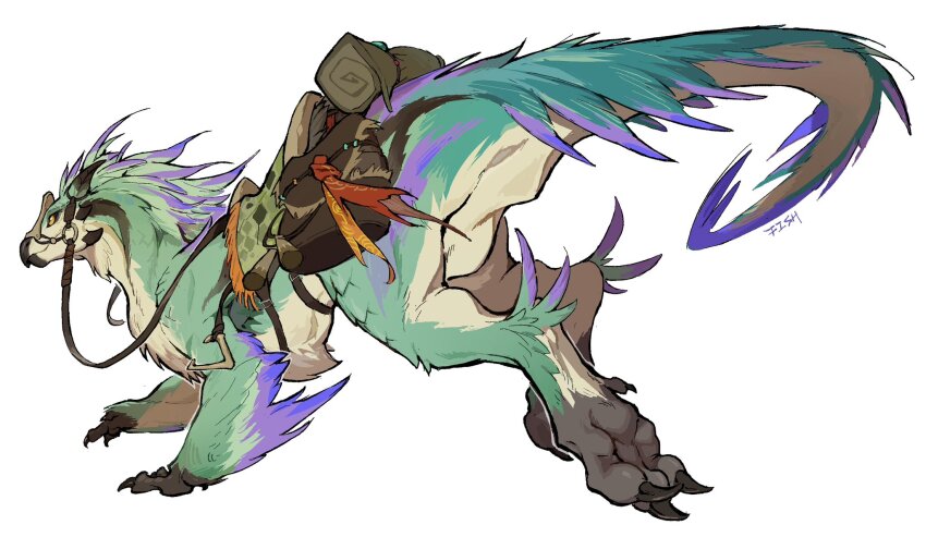 animal_focus artist_name black_sclera claws colored_sclera fish7163 from_behind full_body highres monster monster_hunter_(series) monster_hunter_wilds no_humans o-ring reins running saddle seikret_(monster_hunter) signature simple_background solo stirrups_(riding) tail tassel white_background yellow_eyes