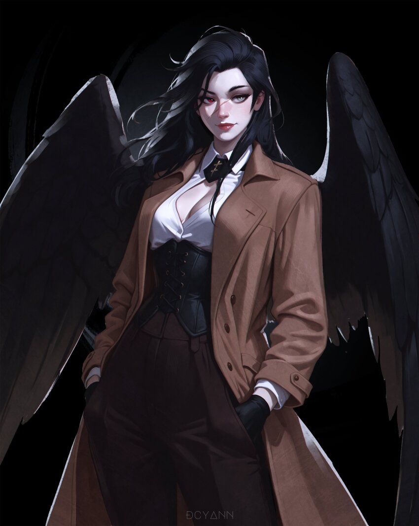 1girl absurdres artist_name black_corset black_gloves black_hair black_wings breasts brown_coat brown_pants coat corset dcyann fallen_angel feathered_wings gloves grey_eyes hands_in_pockets heterochromia highres long_hair open_clothes open_coat original pants red_eyes scar scar_on_face scar_on_nose shirt small_breasts solo white_shirt wings