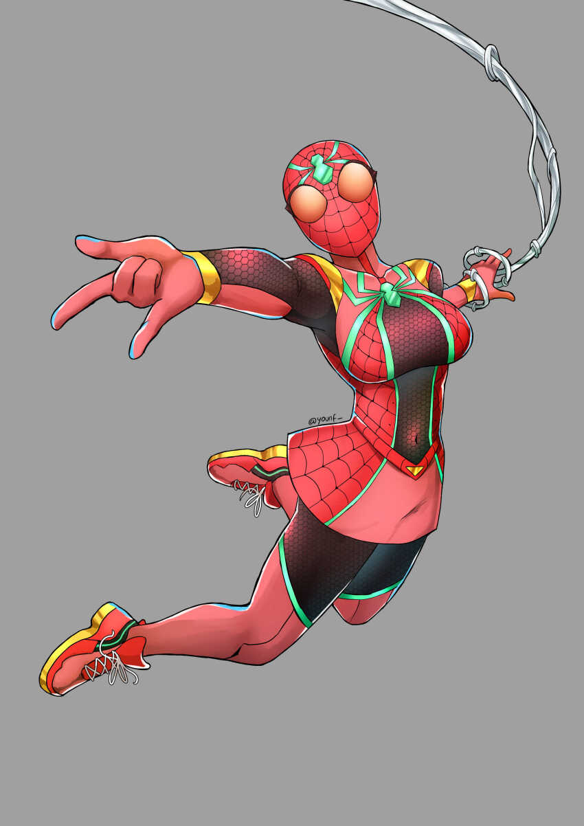1girl absurdres animal_print bodysuit breasts chest_jewel core_crystal_(xenoblade) cosplay covered_navel gold_trim grey_background highres jewelry large_breasts marvel mask pantyhose pyra_(xenoblade) red_bodysuit red_footwear red_skirt signature silk skirt solo spider-man spider-man_(cosplay) spider-man_(series) spider_print spider_web spider_web_print superhero_costume swinging thighhighs thighhighs_over_pantyhose thighs xenoblade_chronicles_(series) xenoblade_chronicles_2 you_nf