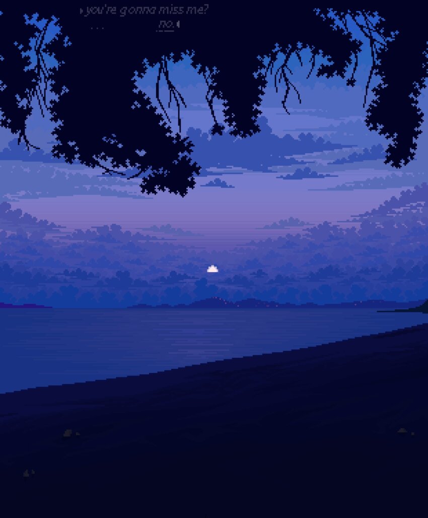 atmospheric_perspective beach blue_theme cloud cloudy_sky dark dialogue_options eastblueace english_text gradient_background highres mountain mountainous_horizon no_humans ocean original pixel_art reflection reflective_water scenery sky sunset tree