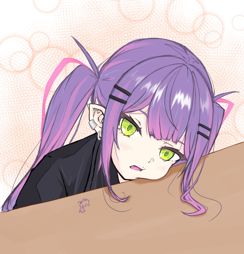 1girl absurdres black_shirt demon_girl ear_piercing fang green_eyes hair_ornament head_on_table highres hololive long_hair nyalulu open_mouth piercing pointy_ears purple_hair shirt solo table tokoyami_towa twintails virtual_youtuber