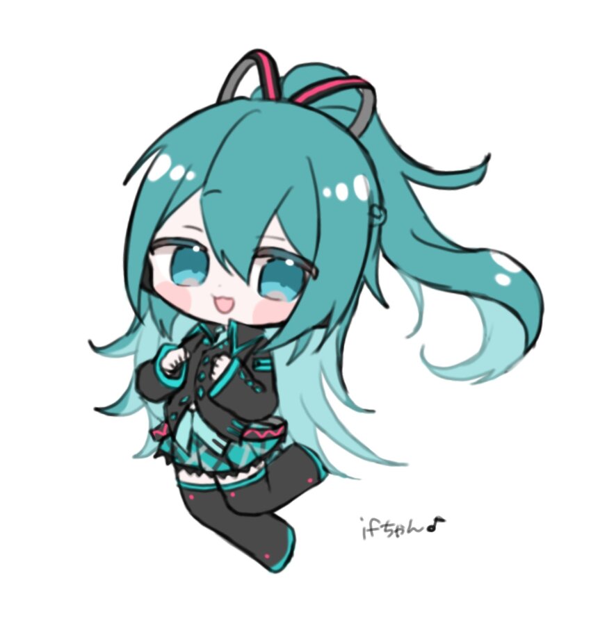 1girl blue_eyes blue_hair blush_stickers boots braid chibi collared_shirt full_body half_updo hatsune_miku hatsune_miku_(if) highres long_hair long_sleeves looking_at_viewer maro_maro_3939 open_mouth plaid_clothes plaid_skirt pleated_skirt shirt skirt smile solo thigh_boots very_long_hair vocaloid