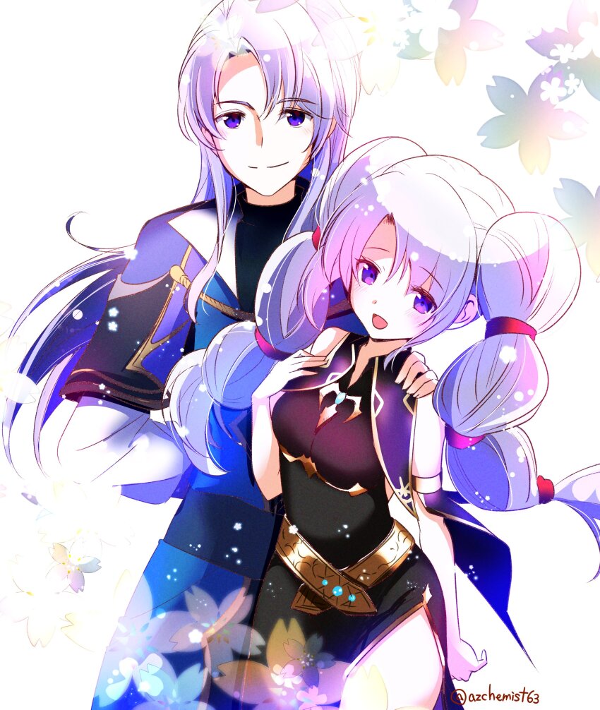 1boy 1girl :d absurdres arms_behind_back arthur_(fire_emblem:_genealogy_of_the_holy_war) azusa_(azchemist63) black_dress brother_and_sister closed_mouth commentary_request dress fire_emblem fire_emblem:_genealogy_of_the_holy_war highres light_blush long_hair looking_at_viewer multi-tied_hair nintendo open_mouth parted_bangs purple_eyes purple_hair raised_eyebrows siblings smile standing tine_(fire_emblem) twintails white_background