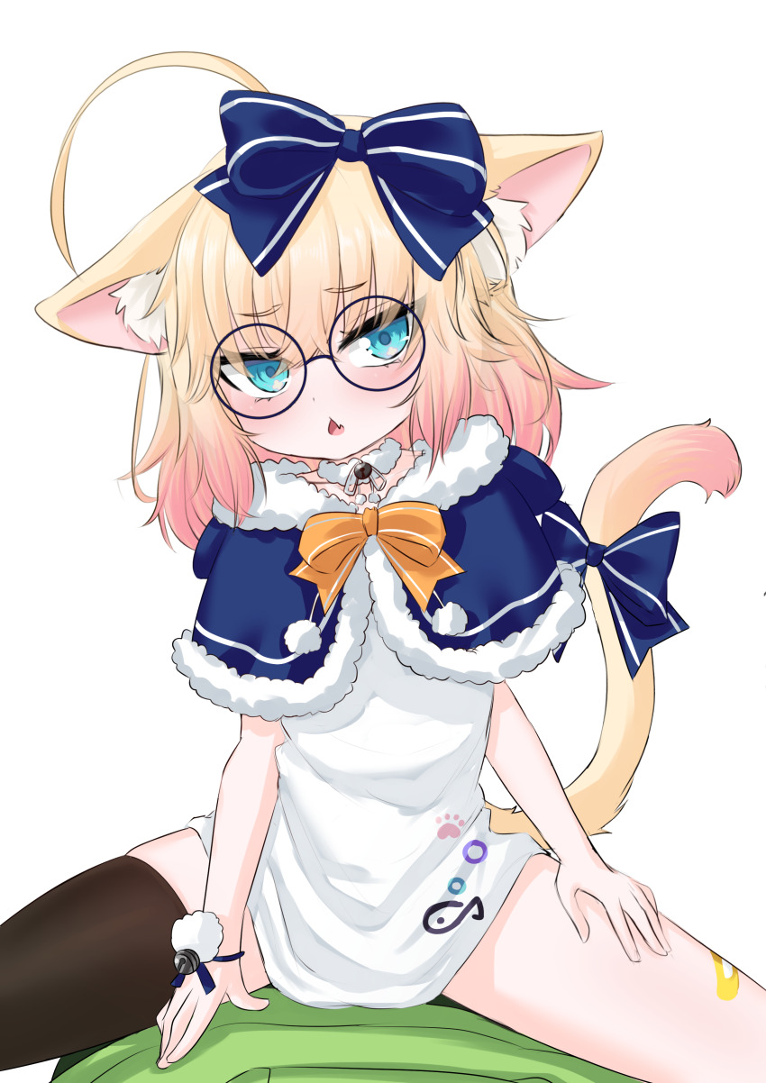 1girl absurdres ahoge animal_ear_fluff animal_ears asymmetrical_legwear bandaid bandaid_on_leg bell black_thighhighs blonde_hair blue_bow blue_eyes blush bow capelet cat_ears cat_girl collar fang fur-trimmed_capelet fur_trim glasses green_hoodie hair_bow highres hood hoodie indie_virtual_youtuber looking_at_viewer lying medium_hair minikomew muffler multicolored_hair on_back orange_bow pom_pom_(clothes) ritspi shirt simple_background sitting sitting_on_person skin_fang solo_focus tail tail_bow tail_ornament thighhighs vedal987 virtual_youtuber white_background white_shirt