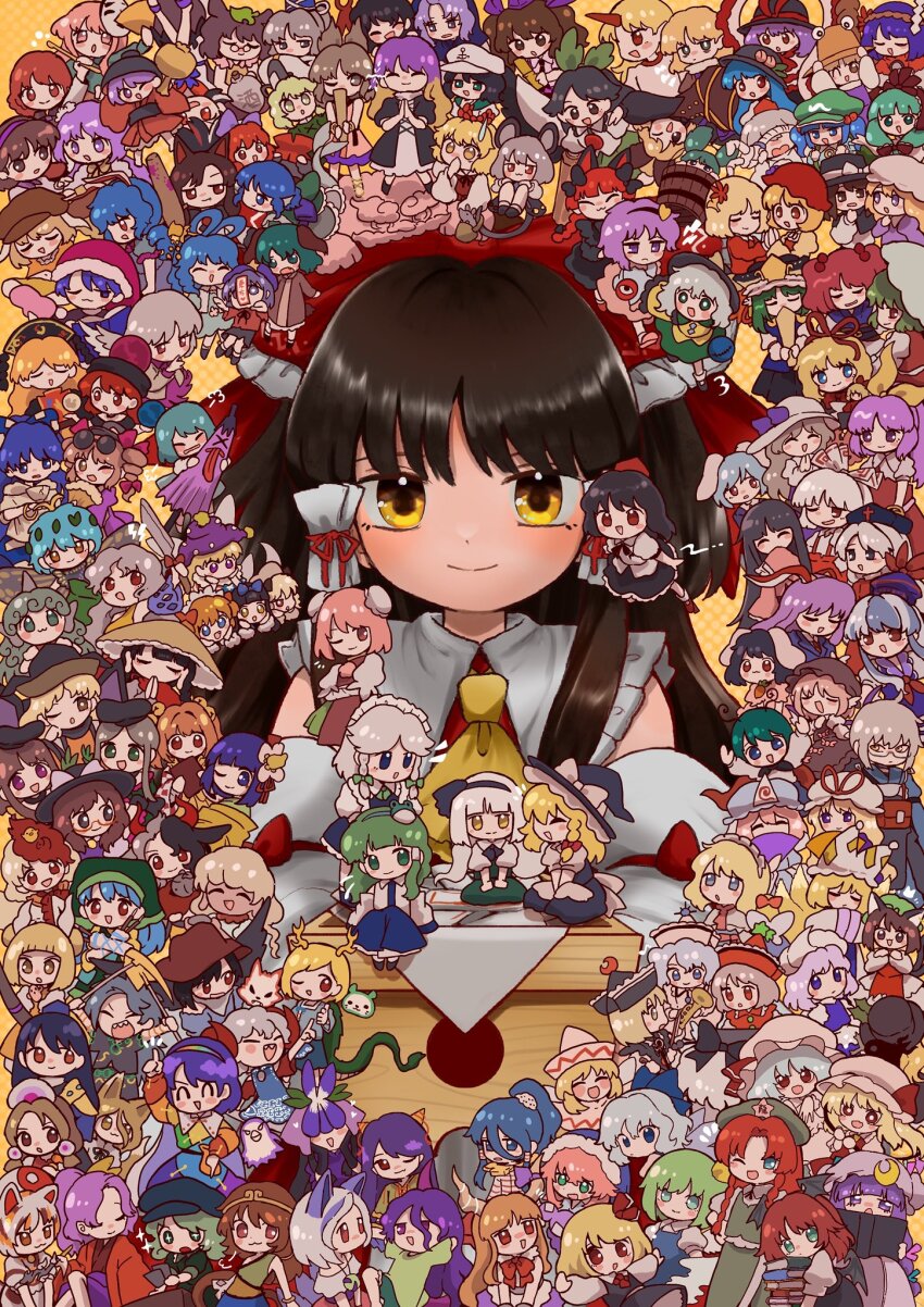 1boy 6+girls ajirogasa aki_minoriko aki_shizuha alice_margatroid animal_ears antennae ascot bird bird_ears black_hair black_hairband black_hat blonde_hair blue_eyes blue_hair blue_hat book bow bowl bowl_hat box braid bright_pupils brown_hair brown_hat bucket bun_cover cat_ears chen chick circlet cirno closed_mouth clownpiece commentary_request cow_ears crescent crescent_hat_ornament daiyousei dog_ears donation_box doremy_sweet double_bun dragon_horns drumsticks eagle_spirit_(touhou) ebisu_eika eternity_larva everyone flandre_scarlet floppy_ears food-themed_hair_ornament fox_tail frog_hair_ornament fujiwara_no_mokou futatsuiwa_mamizou ghost glasses goutokuji_mike green_eyes green_hair grey_hair hair_bobbles hair_bow hair_bun hair_ornament hairband hakurei_reimu haniyasushin_keiki hat hat_ornament hat_ribbon hata_no_kokoro hecatia_lapislazuli hieda_no_akyuu highres hijiri_byakuren himekaidou_hatate himemushi_momoyo hinanawi_tenshi hong_meiling horns hoshiguma_yuugi houjuu_nue houraisan_kaguya ibaraki_kasen ibuki_suika iizunamaru_megumu imaizumi_kagerou inaba_tewi inubashiri_momiji izayoi_sakuya joutouguu_mayumi junko_(touhou) kagiyama_hina kaku_seiga kamishirasawa_keine kawashiro_nitori kazami_yuuka kicchou_yachie kijin_seija kine kirisame_marisa kishin_sagume kisume koakuma kochiya_sanae komakusa_sannyo komano_aunn komeiji_koishi komeiji_satori konpaku_youmu konpaku_youmu_(ghost) kudamaki_tsukasa kumoi_ichirin kurodani_yamame kurokoma_saki leaf leaf_on_head letty_whiterock lily_white long_hair luna_child lunasa_prismriver lyrica_prismriver maid_headdress mallet maribel_hearn mask mask_on_head matara_okina medicine_melancholy merlin_prismriver miracle_mallet mitsugashira_enoko miyadeguchi_mizuchi miyako_yoshika mizuhashi_parsee mob_cap mononobe_no_futo morichika_rinnosuke moriya_suwako motoori_kosuzu mouse_ears multicolored_hair multicolored_hairband multiple_girls murasa_minamitsu mystia_lorelei nagae_iku nazrin nippaku_zanmu nishida_satono niwatari_kutaka ofuda okunoda_miyoi one_eye_closed onozuka_komachi otter_spirit_(touhou) patchouli_knowledge peach_hair_ornament pickaxe pink_hat ponytail purple_eyes purple_hair purple_hairband rabbit_ears raccoon_ears red_eyes red_hair red_hat red_horns reisen_(touhou_bougetsushou) reisen_udongein_inaba reiuji_utsuho remilia_scarlet ribbon ringo_(touhou) ritual_baton rod_of_remorse rumia saigyouji_yuyuko sakata_nemuno sakura_kyoko seiran_(touhou) sekibanki shameimaru_aya shawl shiki_eiki short_hair single_horn soga_no_tojiko son_biten star_sapphire sukuna_shinmyoumaru sunny_milk tail tamatsukuri_misumaru tatami tatara_kogasa tate_eboshi teireida_mai tenkajin_chiyari tenkyuu_chimata third_eye toramaru_shou touhou toutetsu_yuuma toyosatomimi_no_miko tsukumo_benben tsukumo_yatsuhashi twin_braids two-tone_hair two_side_up umebitan usami_renko usami_sumireko ushizaki_urumi wakasagihime watatsuki_no_toyohime watatsuki_no_yorihime white_hat white_pupils witch_hat wolf_spirit_(touhou) wriggle_nightbug yagokoro_eirin yakumo_ran yakumo_yukari yamashiro_takane yasaka_kanako yatadera_narumi yellow_ascot yellow_eyes yomotsu_hisami yorigami_jo&#039;on yorigami_shion