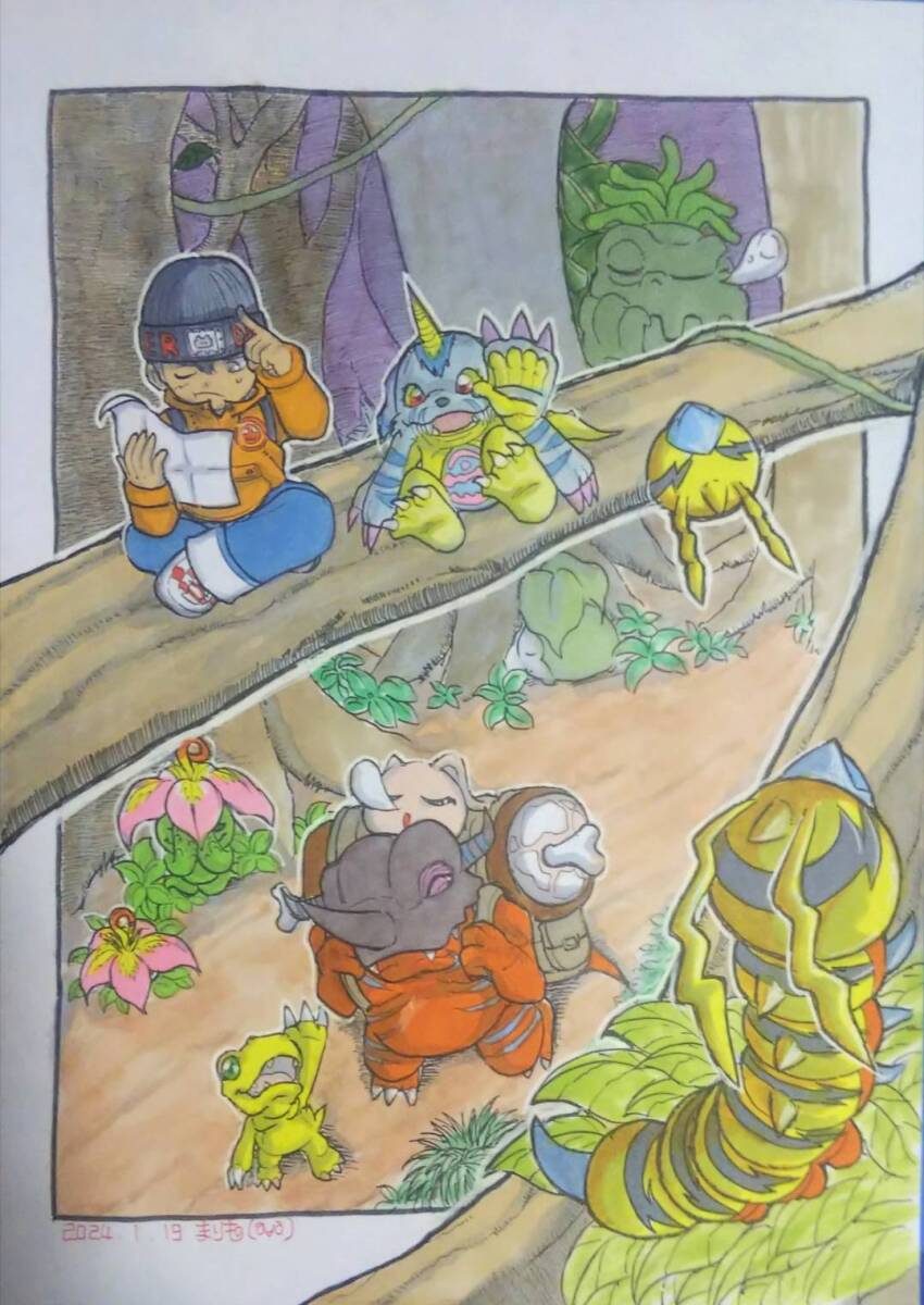 agumon bone bug digimon digimon_(creature) food gabumon grass greymon highres horns koromon kunemon mameo_(digimon) meat morishellmon palmon petals