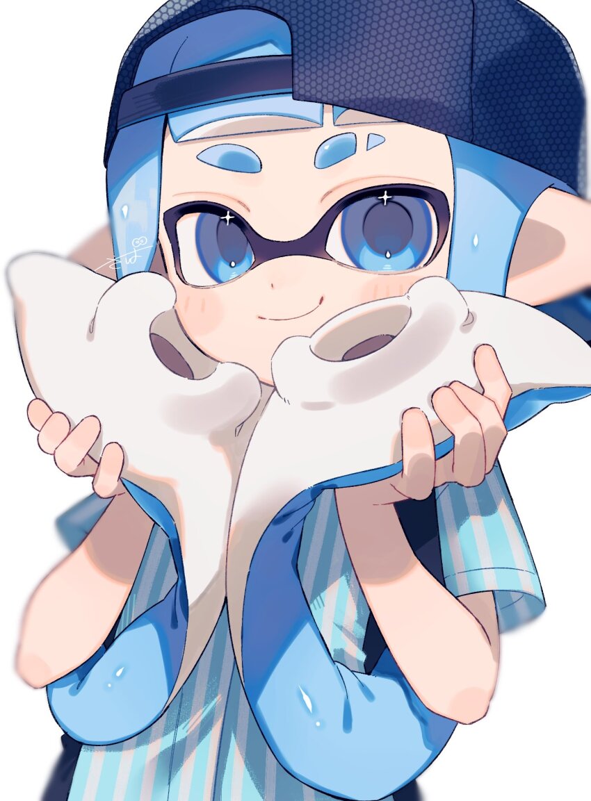 1girl backwards_hat baseball_cap black_shirt blue_eyes blue_hair blue_hat blue_shirt closed_mouth commentary_request eyebrow_cut hat highres holding holding_own_hair inkling inkling_girl inkling_player_character long_hair looking_at_viewer multicolored_shirt nintendo pointy_ears sabata_saba shirt short_sleeves signature smile solo splatoon_(series) striped_clothes striped_shirt tentacle_hair upper_body white_background white_shirt