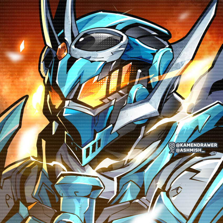 1boy armor ashmish black_bodysuit blue_armor bodysuit breastplate compound_eyes forehead_jewel gem goggles goggles_on_head helmet highres horns jewelry kamen_rider kamen_rider_gotchard kamen_rider_gotchard_(series) mechanical_horns orange_eyes orange_gemstone scarf shoulder_armor solo tokusatsu twitter_username white_scarf
