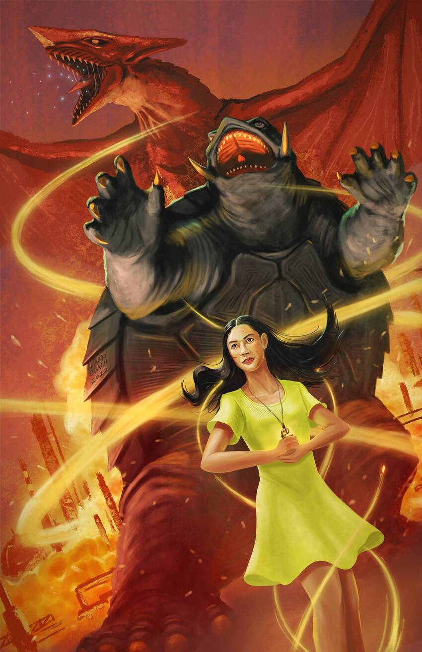 1girl black_hair black_sclera claws colored_sclera daiei_film dress embers energy energy_ball energy_beam energy_ring fire gamera gamera:_guardian_of_the_universe gamera_(series) glowing glowing_jewelry green_eyes gyaos highres jewelry kaiju kusanagi_asagi larry_quach long_hair magatama magatama_necklace mana_(mythology) necklace no_pupils oil_refinery open_mouth orange_eyes plasma sharp_teeth super_gyaos teeth tongue turtle turtle_shell tusks wings yellow_dress