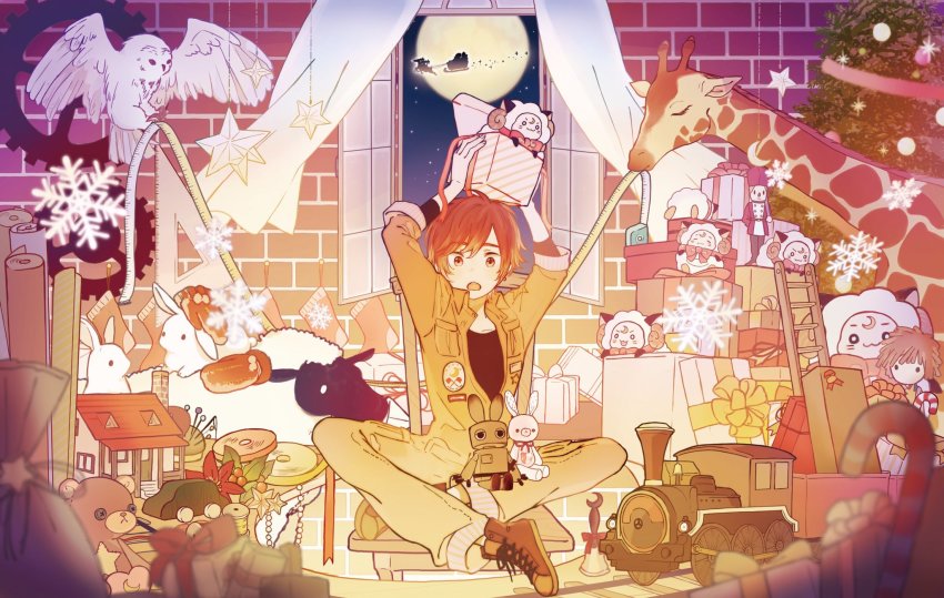 1boy amatsuki_(utaite) bird brown_eyes brown_hair full_moon highres indie_utaite jumpsuit looking_at_viewer male_focus mikkun_04 moon niconico open_mouth orange_jumpsuit owl pants short_hair sitting solo stuffed_animal stuffed_rabbit stuffed_toy v-shaped_eyebrows