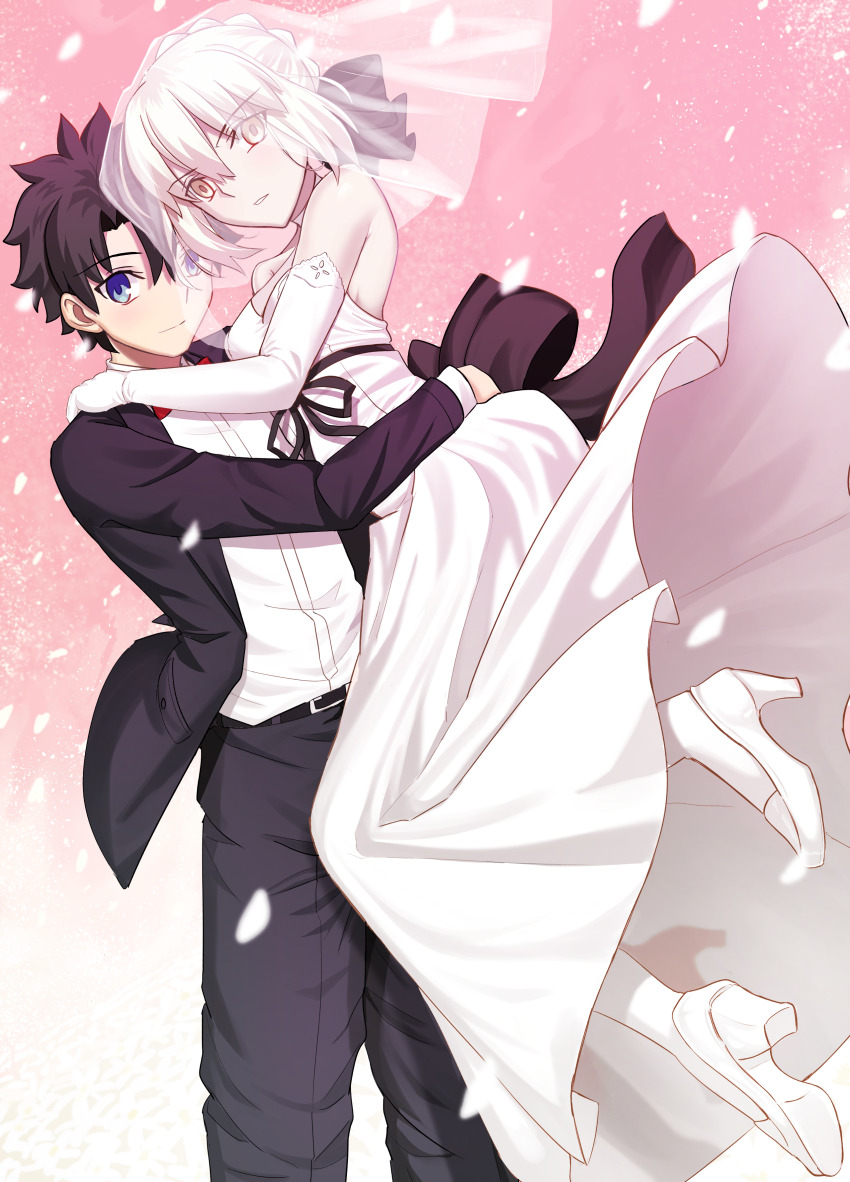 1boy 1girl absurdres artoria_pendragon_(fate) black_hair black_jacket black_pants black_ribbon blonde_hair blue_eyes bridal_veil dress elbow_gloves fate/grand_order fate_(series) fujimaru_ritsuka_(male) gloves high_heels highres hug jacket longdq3008 looking_at_viewer pants ribbon saber_alter shirt short_hair veil wedding_dress white_dress white_gloves white_shirt yellow_eyes