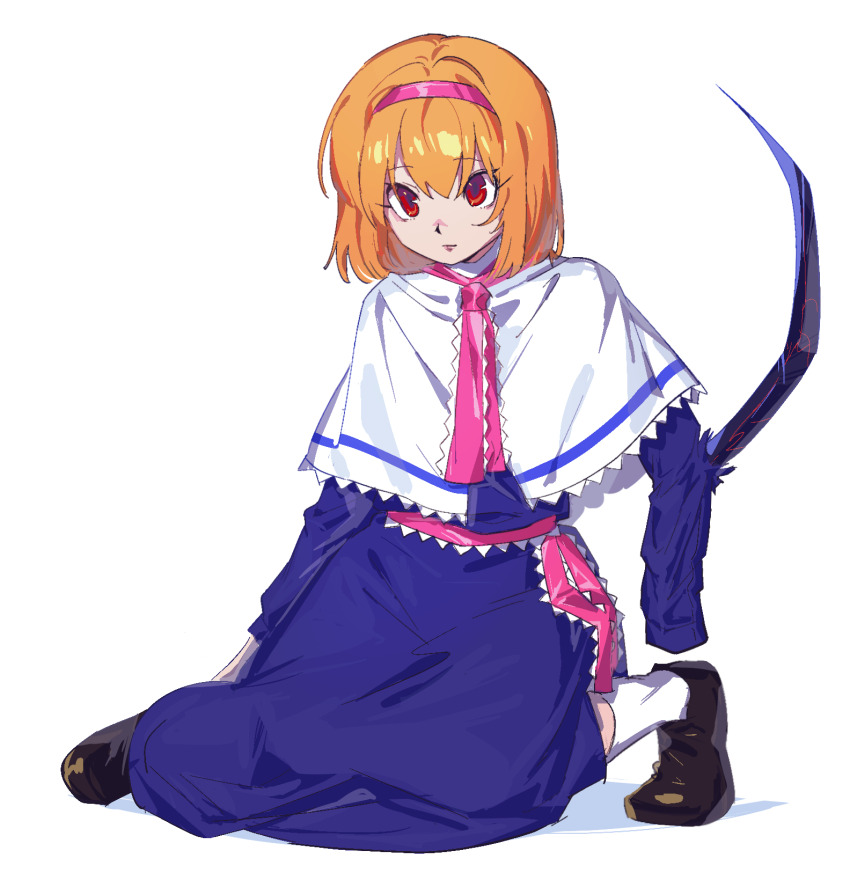 1girl alice_margatroid blue_dress bois_de_justice capelet closed_mouth commentary_request cookie_(touhou) dies_irae dress expressionless frilled_hairband frilled_necktie frilled_sash frills full_body hairband highres hinase_(cookie) hita_(hizokuseikogeki) long_sleeves looking_at_viewer necktie orange_hair pink_hairband pink_necktie pink_sash red_eyes sash shinza_bansho_series short_hair simple_background socks solo touhou white_background white_capelet white_socks