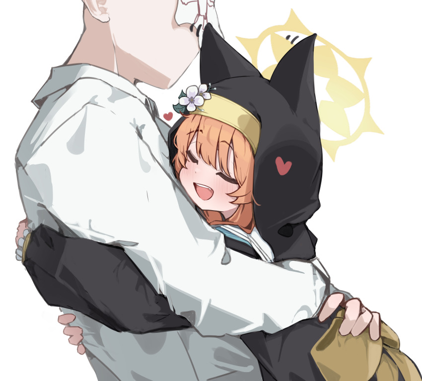 1boy 1girl absurdres animal_ears back_bow black_dress blue_archive blush bow cat_ears closed_eyes doodle_sensei_(blue_archive) dress halo highres hug long_sleeves mangotonic mari_(blue_archive) nun open_mouth orange_hair sailor_collar sensei_(blue_archive) shirt smile white_sailor_collar white_shirt yellow_bow yellow_halo