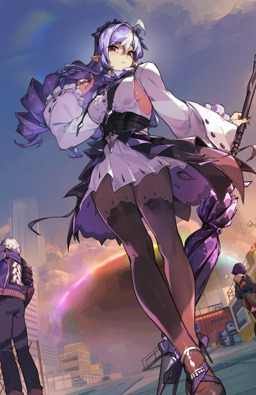 1boy 2girls ahoge ascot belle_(zenless_zone_zero) black_nails blue_hair breast_curtains breasts brown_pantyhose cropped dress frills from_behind grey_hair high_heels highres holding holding_umbrella jacket kuno_(runkunochan) long_hair looking_at_viewer medium_breasts multiple_girls pantyhose patterned_legwear pointy_ears purple_ascot purple_hair purple_umbrella red_eyes short_dress sideboob sideboob_cutout solo_focus umbrella vivian_(zenless_zone_zero) wise_(zenless_zone_zero) zenless_zone_zero