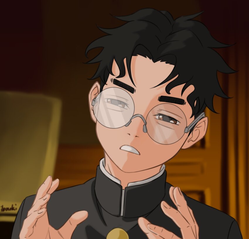 1boy absurdres ancient_aliens black_eyes black_hair curtained_hair dandadan gakuran glasses highres ibouki indoors male_focus meme photo-referenced round_eyewear school_uniform short_hair solo takakura_ken_(dandadan)
