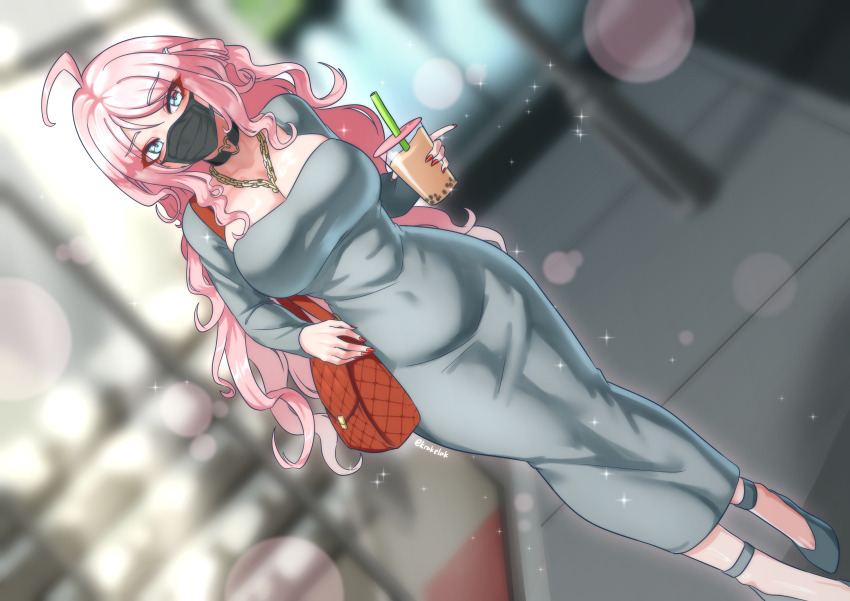 1girl absurdres ahoge black_mask blue_eyes blurry blurry_background breasts brown_bag bubble_tea chain chain_necklace cleavage collarbone commentary covered_navel dongtan_dress dress drink dutch_angle full_body grey_dress hair_rings highres holding holding_drink indoors jewelry krakelak large_breasts long_dress long_hair long_sleeves looking_at_viewer love_live! love_live!_nijigasaki_high_school_idol_club mask meme_attire mole mole_under_eye mouth_mask necklace necklace_between_breasts pencil_dress pink_hair red_nails sidelocks solo sparkle swept_bangs tight_clothes tight_dress twitter_username two_side_up zhong_lanzhu