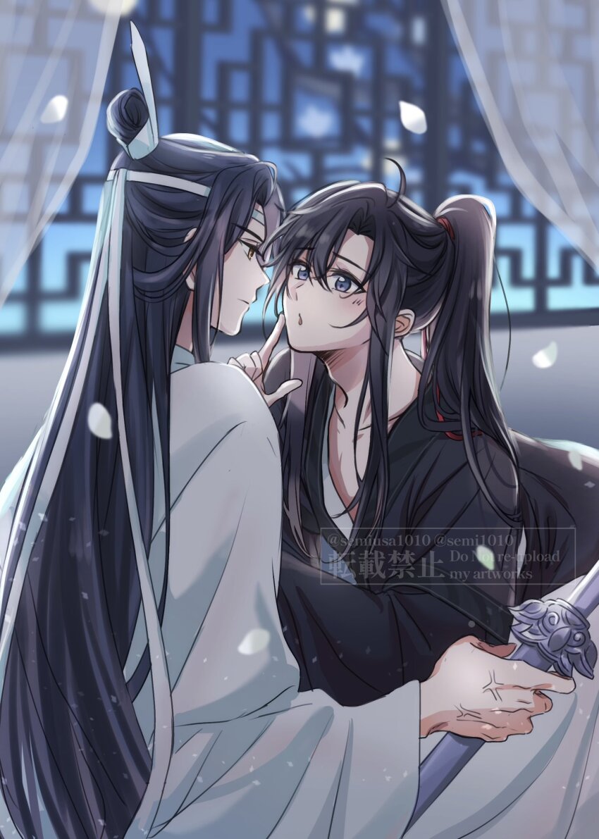 2boys ahoge bishounen black_hair black_hanfu blurry blurry_background blush chinese_clothes closed_mouth collarbone curtains eye_contact falling_petals finger_to_cheek hair_ribbon hanfu headband high_ponytail highres holding holding_sword holding_weapon indoors kneeling lan_wangji lattice leaning_on_person long_hair long_sleeves looking_at_another male_focus modao_zushi multiple_boys open_mouth parted_lips petals ponytail purple_eyes red_ribbon ribbon robe semiusa1010 sheath sheathed sidelocks sitting sword topknot upper_body very_long_hair watermark weapon wei_wuxian white_hanfu white_headband wide_sleeves window xiao_guan_(headdress) yaoi yellow_eyes