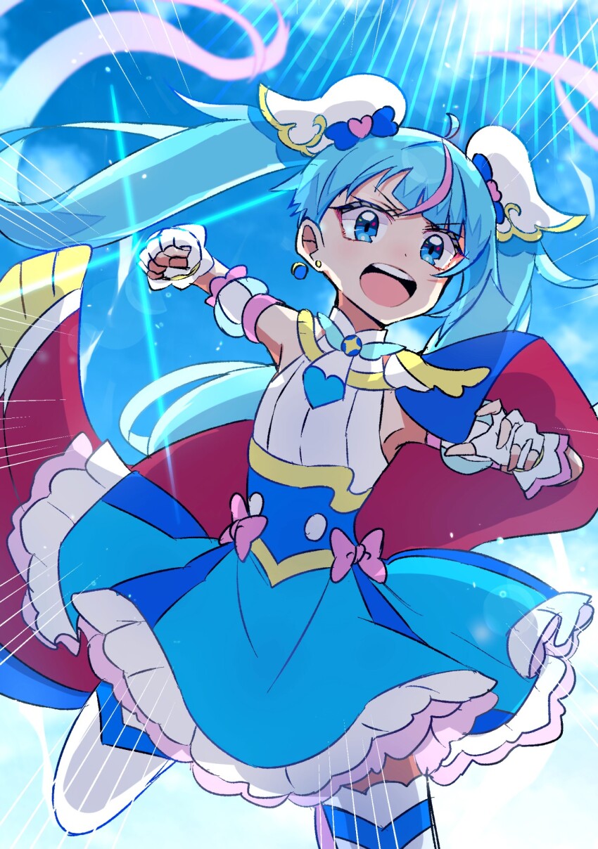 1girl :d ahoge akatsuxe arm_up asymmetrical_bangs blue_cape blue_dress blue_eyes blue_hair blue_sky bow brooch cape clenched_hand cloud cloudy_sky colored_petticoat commentary cowboy_shot cure_sky curled_fingers cut_bangs day detached_sleeves diagonal_bangs dress dress_bow earrings emphasis_lines fingerless_gloves floating_cape floating_hair fringe-trimmed_cape fringe_trim furrowed_brow gloves gradient_hair hair_ornament highres hirogaru_sky!_precure incoming_attack incoming_punch jewelry leg_up long_hair looking_at_viewer magical_girl medium_dress multicolored_dress multicolored_hair open_mouth outdoors petticoat pink_bow pink_hair precure puffy_detached_sleeves puffy_sleeves punching red_cape single_bare_shoulder single_earring single_hair_streak single_sidelock sky sleeveless sleeveless_dress smile solo sora_harewataru sparkle streaked_hair teeth thighhighs twintails two-sided_cape two-sided_fabric two-tone_dress two-tone_hair upper_teeth_only v-shaped_eyebrows white_dress white_gloves wide_mouth wing_brooch wing_hair_ornament zettai_ryouiki
