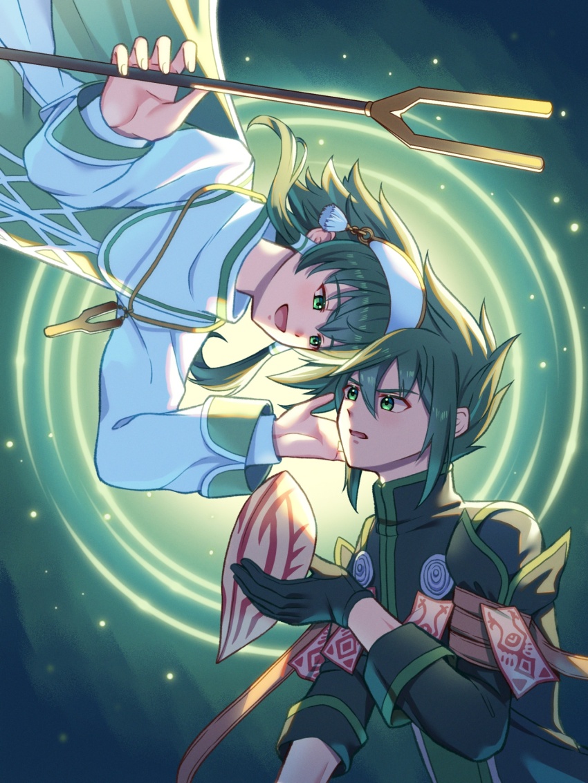 2boys :d ch1emon_i commentary_request green_background green_eyes green_hair highres holding holding_staff ion_(tales) male_focus mask multiple_boys open_mouth robe smile spiked_hair staff sync_(tales) tales_of_(series) tales_of_the_abyss unworn_mask white_robe