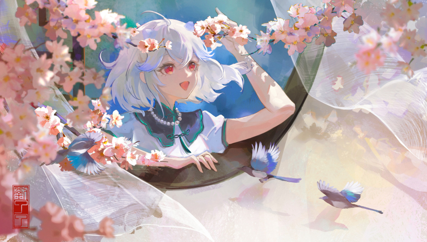 1girl ahoge bare_arms bead_necklace beads bird black_coat branch cherry_blossoms chinese_clothes coat crossed_bangs day eyelashes floating_hair flower hair_between_eyes happy highres jewelry liu_liaoliao looking_outside magpie neck_tassel necklace open_mouth original outdoors pink_flower puffy_short_sleeves puffy_sleeves red_eyes round_window shadow shirt short_hair short_sleeves smile solo spring_(season) tassel white_hair white_shirt wind window yile_(liu_liaoliao)
