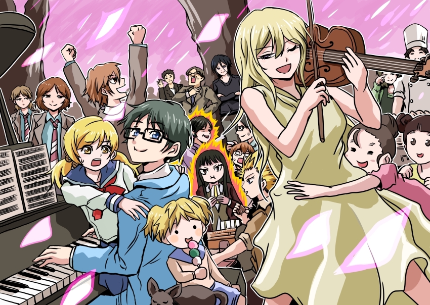 6+boys 6+girls aiza_nagi aiza_takeshi arima_kousei black_cat black_hair blonde_hair blue_eyes bow_(music) brown_eyes brown_hair cat cat_(shigatsu_wa_kimi_no_uso) character_request chef_hat commentary_request crossed_arms dango dress earrings everyone falling_petals flat_top_chef_hat food glasses hair_ornament hanami hat highres holding holding_bow_(music) holding_instrument igawa_emi instrument jewelry kashiwagi_nao kazama_(shigatsu_wa_kimi_no_uso) kurumi-gaoka_high_school_uniform miike_toshiya miyazono_kawori miyazono_ryouko miyazono_yoshiyuki multiple_boys multiple_girls music necktie ochiai_yuriko one_eye_closed petals piano playing_instrument sailor_collar sawabe_tsubaki school_uniform seto_hiroko seto_koharu sheet_music shigatsu_wa_kimi_no_uso takayanagi_akira taneda_risa tree tsuchiyamashige violin wagashi watari_ryouta yellow_dress yellow_eyes