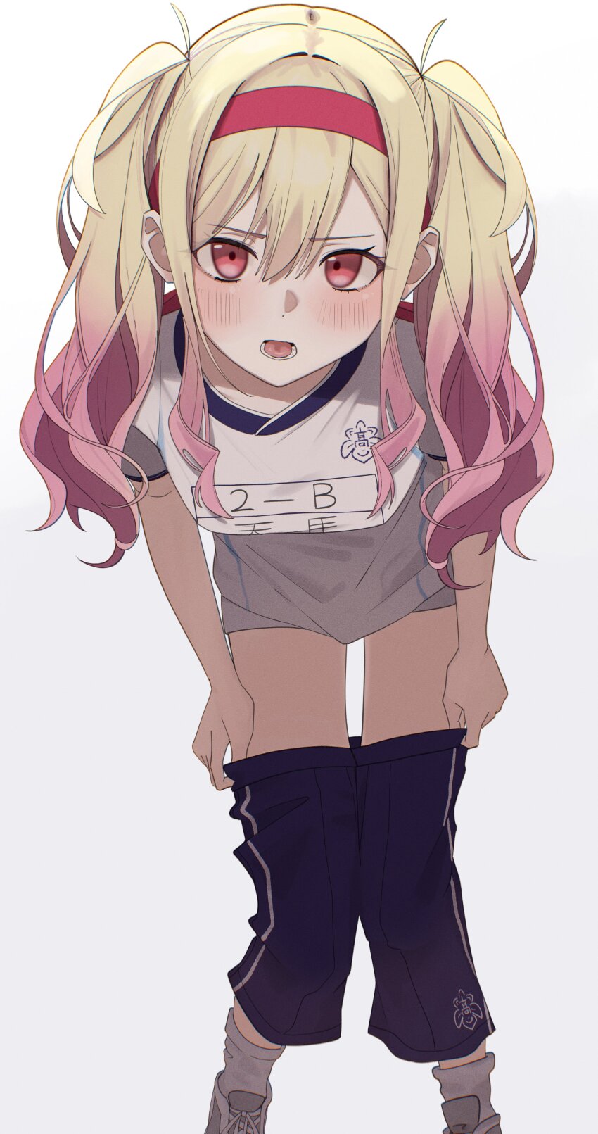 1girl absurdres blonde_hair blush gradient_hair gym_shirt gym_shorts gym_uniform highres long_hair looking_at_viewer multicolored_hair nemu_(jdgz3357) open_mouth pink_eyes pink_hair project_sekai removing_pants shirt short_sleeves shorts sidelocks solo tenma_saki twintails white_background
