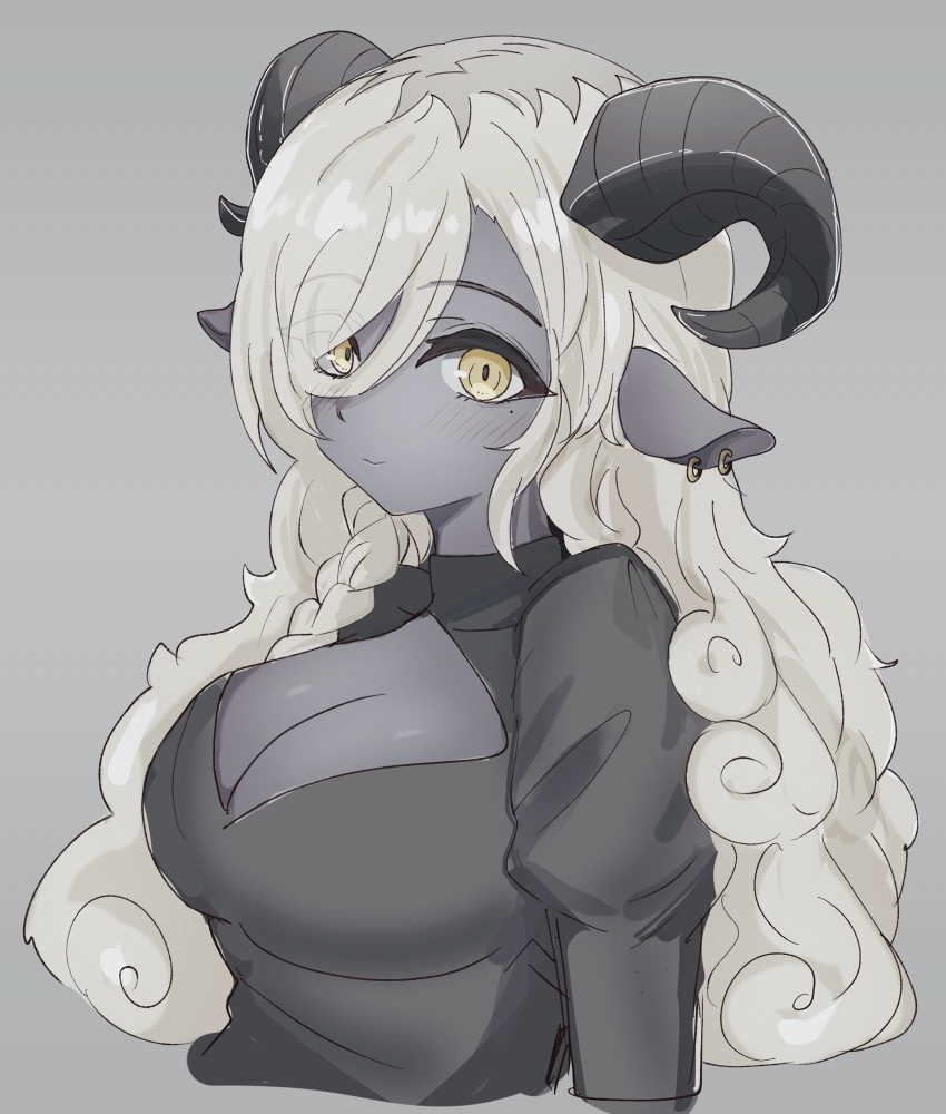 1girl alternate_eye_color alternate_hair_length alternate_hairstyle alternate_skin_color alternate_species animal_ear_piercing animal_ears black_horns black_shirt braid breasts cleavage cleavage_cutout closed_mouth clothing_cutout colored_skin cropped_torso curled_horns darkened_skin eyes_visible_through_hair fluffy_hair girls_band_cry grey_background grey_skin hair_over_one_eye highres horns juliet_sleeves kemonomimi_mode large_breasts light_blush light_smile long_bangs long_hair long_sleeves looking_at_viewer loosely_tucked_bangs mole mole_under_eye multicolored_hair multiple_piercings n_nai_nai_n puffy_sleeves roots_(hair) rupa_(girls_band_cry) sheep_ears sheep_girl sheep_horns shirt side_braid simple_background solo turtleneck turtleneck_shirt two-tone_hair white_hair yellow_eyes