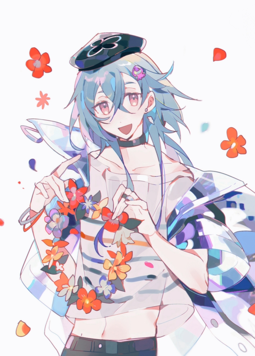 1boy arknights black_choker black_hat black_pants blue_hair choker collarbone commentary cowboy_shot crossed_bangs flower flower_wreath grey_jacket grey_shirt hair_between_eyes hat highres holding holding_wreath jacket jellyfish_hair_ornament long_hair male_focus mizuki_(arknights) mizuki_(summer_feast)_(arknights) navel official_alternate_costume open_clothes open_jacket open_mouth pants red_eyes red_flower shirt short_sleeves smile solo striped_clothes striped_shirt symbol-only_commentary tie_fei_wu_mang_dashuai