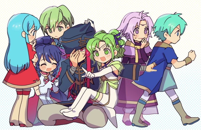 3girls 4boys :d aged_down aqua_hair blue_hair blush boots bracelet braid circlet eirika_(fire_emblem) eirika_(twin_refulgence)_(fire_emblem) elbow_gloves ephraim_(fire_emblem) ephraim_(twin_refulgence)_(fire_emblem) fire_emblem fire_emblem:_the_sacred_stones fire_emblem_heroes gloves green_eyes green_hair hair_between_eyes hand_on_own_face hat innes_(fire_emblem) innes_(frelian_moonlight)_(fire_emblem) jewelry joshua_(fire_emblem) kurimori l&#039;arachel_(fire_emblem) l&#039;arachel_(seeker_of_justice)_(fire_emblem) long_hair lyon_(fire_emblem) lyon_(grado&#039;s_gaze)_(fire_emblem) multiple_boys multiple_girls nintendo open_mouth pointing pulling pulling_another&#039;s_clothes purple_eyes purple_hair red_eyes red_hair short_hair sitting sitting_on_lap sitting_on_person smile tana_(fire_emblem) tana_(frelian_starlight)_(fire_emblem) thigh_boots thighhighs twin_braids