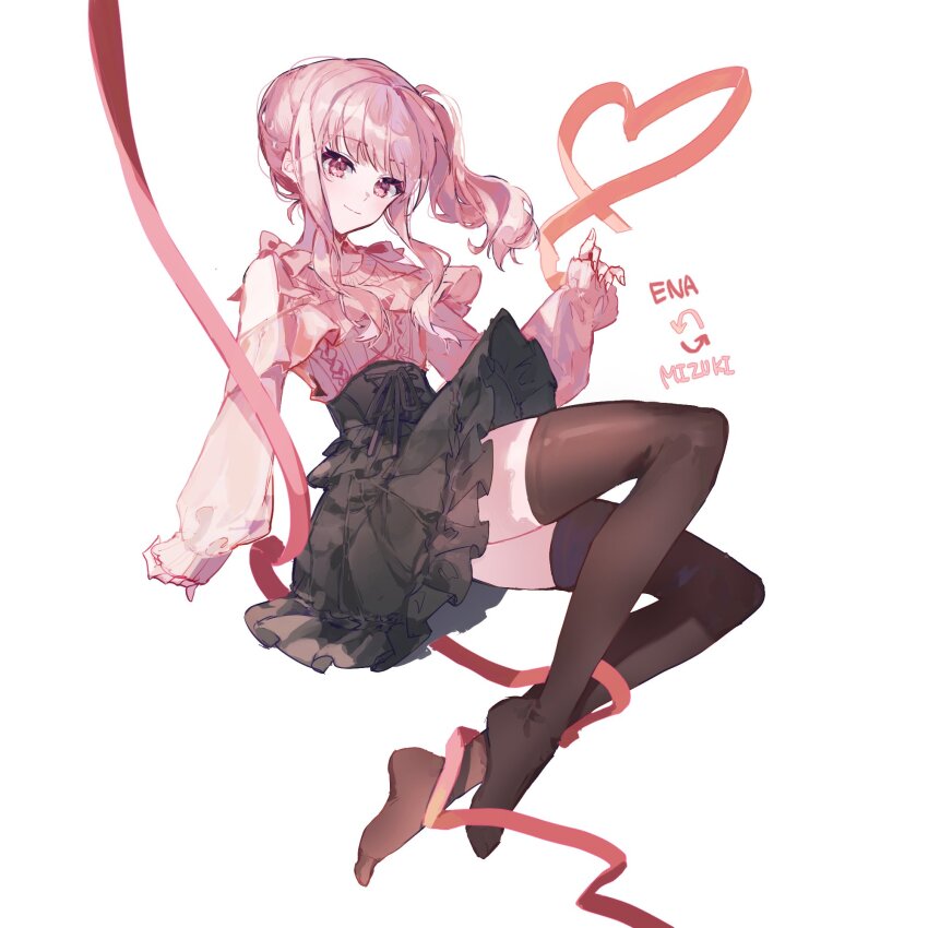 1other adorabilis akiyama_mizuki black_skirt brown_thighhighs closed_mouth cosplay frilled_skirt frills full_body heart heart_of_string high-waist_skirt highres long_hair long_sleeves pink_eyes pink_hair pink_ribbon pink_shirt project_sekai puffy_long_sleeves puffy_sleeves ribbon shinonome_ena shinonome_ena_(cosplay) shirt side_ponytail sidelocks simple_background skirt smile solo thighhighs white_background
