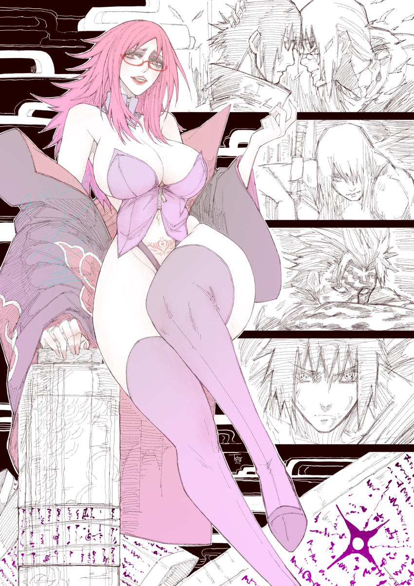 1girl absurdres akatsuki_uniform breasts brothers glasses highres hoozuki_suigetsu jun_wu_mo juugo_(naruto) karin_(naruto) large_breasts long_hair nail_polish naruto_(series) naruto_shippuuden pubic_tattoo red_hair red_lips sarada_uchija sharingan siblings sitting solo_focus tattoo thick_thighs thighs uchiha_itachi uchiha_sasuke