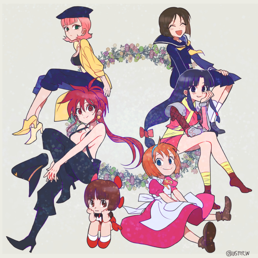 3x3_eyes 6+girls ^_^ apron asai_natsuko bakuretsu_hunters beret black_footwear black_jack_(series) black_pants blue_eyes blue_hair blue_headwear blue_pants breasts brown_hair chocolate_misu cleavage closed_eyes crossover dress frilled_apron frills fushigi_no_umi_no_nadia green_eyes gundam hair_behind_ear haou_taikei_ryuu_knight hat high_heels iori_(haou_taikei_ryuu_knight) marie_en_carlsberg meino_(usmtw) mizutani_yuuko multiple_crossover multiple_girls pants pink_dress pink_hair pinoko sarah_zabiarov school_uniform serafuku shoes short_hair sitting suspenders sweater voice_actor_connection white_apron yellow_shoes yellow_sweater zeta_gundam