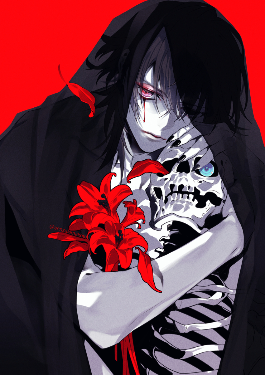 1boy alternate_hair_color artist_name bed_sheet black_hair black_nails blood bloody_tears expressionless eyeshadow flower gavis_bettel hair_between_eyes halloween highres holostars holostars_english jerry_(gavis_bettel) looking_at_viewer makeup male_focus medium_hair naked_sheet pale_skin partially_obscured petals pink_eyes red_background red_eyeshadow red_flower see-through_clothes senzaki_makoto skeleton solo twitter_username upper_body virtual_youtuber