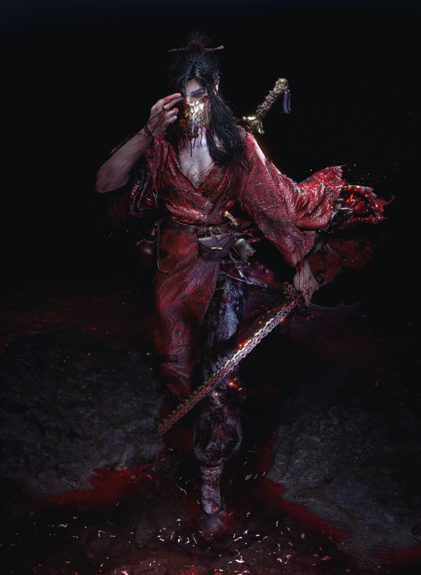 1boy absurdres angry anklet belt bi_xie_jian_(weapon) black_background black_belt black_hair black_pants blender_(medium) blood chinese_clothes chinese_commentary closed_mouth collarbone commentary_request dao_gui_yi_xian furrowed_brow gao_sheng hair_bun hair_ornament hair_over_one_eye hairpin half_updo hand_on_own_face hanfu highres holding holding_sword holding_weapon jewelry jian_(weapon) li_huowang long_hair long_sleeves male_focus mask mouth_mask pants pectoral_cleavage pectorals pool_of_blood red_eyes red_hanfu single_hair_bun solo standing sword sword_on_back textless_version thick_eyebrows torn_hanfu weapon weapon_on_back wide_sleeves wuxia