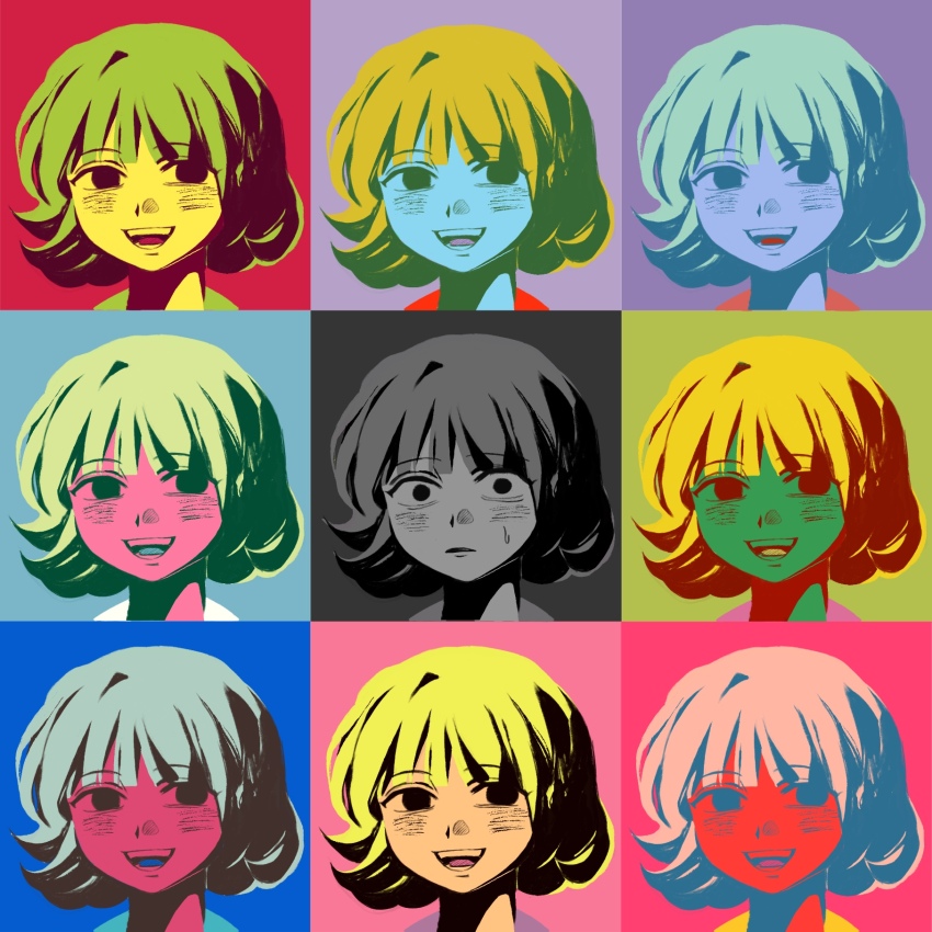 1girl andy_warhol blush chaojufei commentary highres nervous_sweating open_mouth original palette_swap parody pop_art short_hair smile solo style_parody sweat sweatdrop