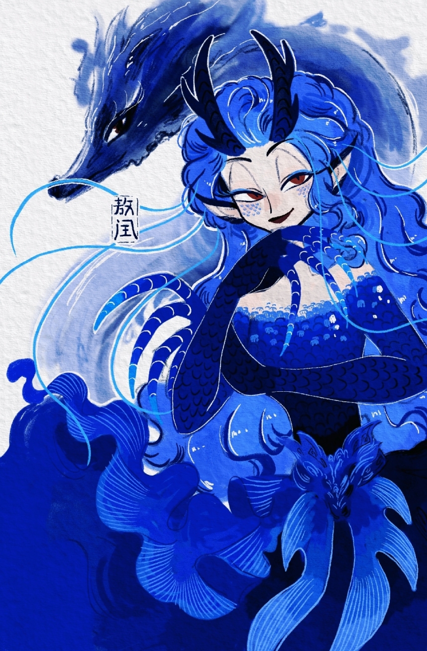 1girl ao_run_(nezha_zhi_motong_jiangshi) blue_hair blue_scales dragon_girl dragon_horns ffrukt highres horns long_hair nezha_zhi_motong_jiangshi pointy_ears red_eyes solo very_long_hair
